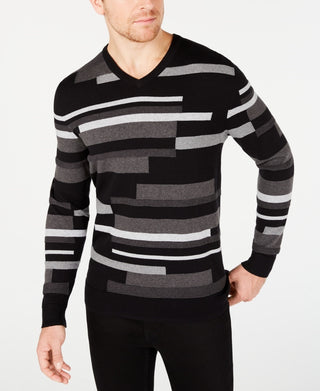 Alfani Men's Textured Striped V Neck Sweater Black Size Large