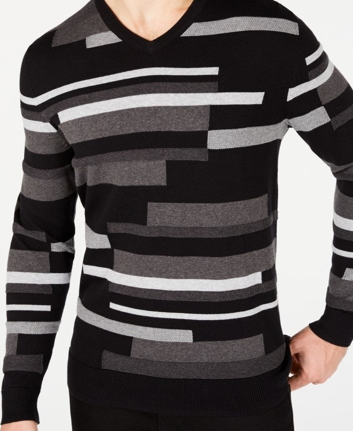 Alfani Men's Textured Striped V Neck Sweater Black Size Large