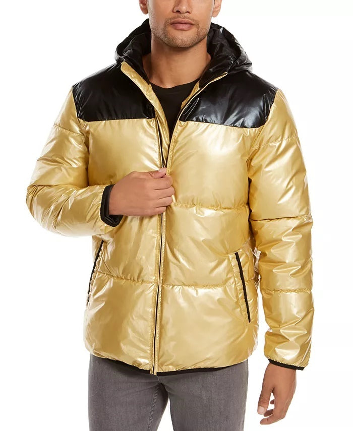 Alfani Men's Colorblocked Hooded Puffer Coat Yellow Size X-Large