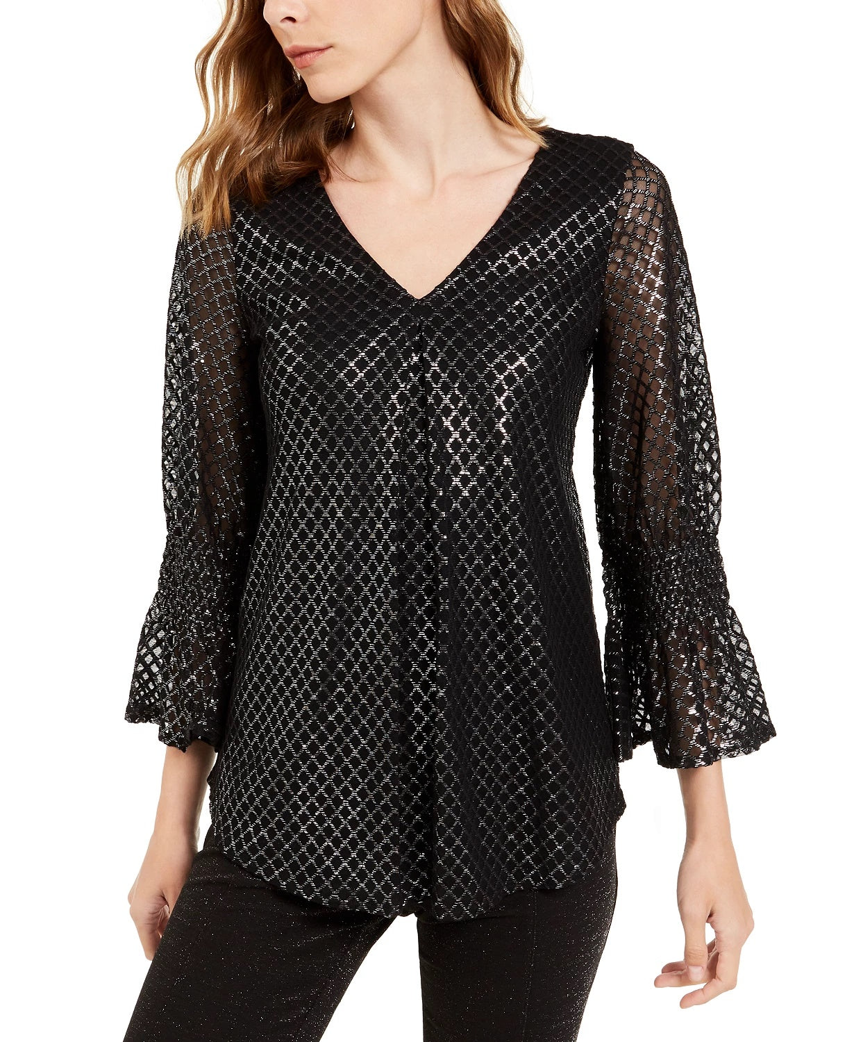 Alfani Women's Metallic-Print Smocked-Sleeve Top  Med Gray Size Extra Small