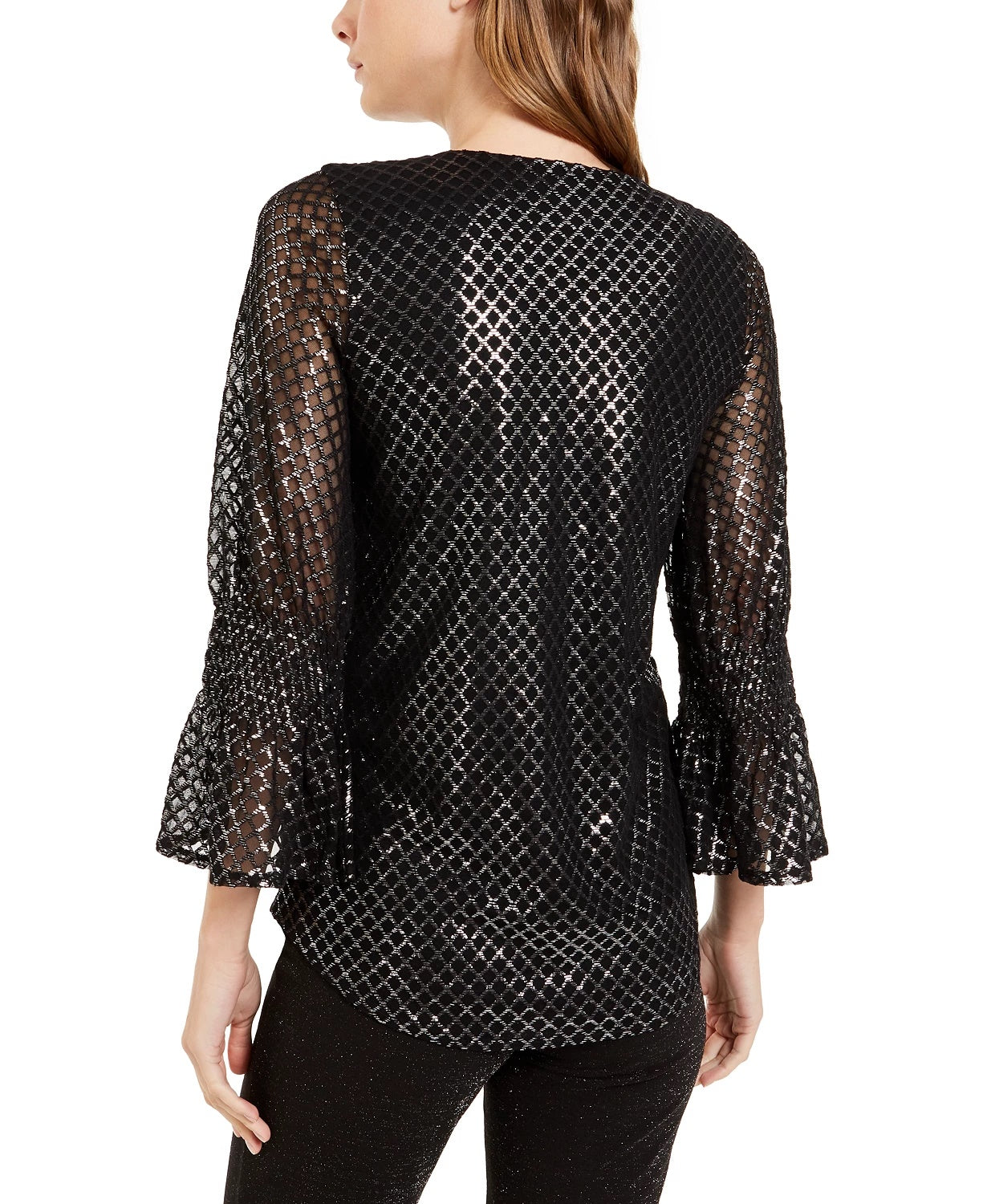 Alfani Women's Metallic-Print Smocked-Sleeve Top  Med Gray Size Extra Small