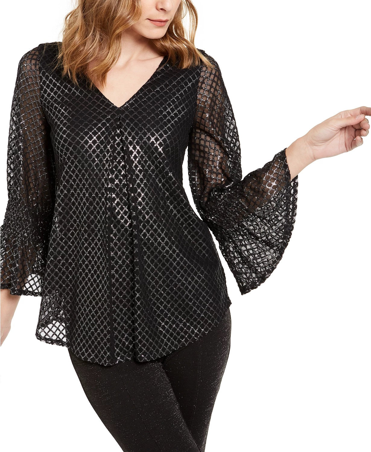 Alfani Women's Metallic-Print Smocked-Sleeve Top  Med Gray Size Extra Small