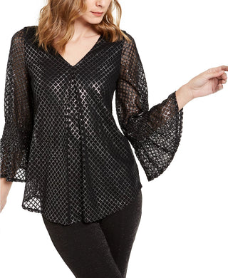 Alfani Women's Metallic-Print Smocked-Sleeve Top  Med Gray Size Extra Small