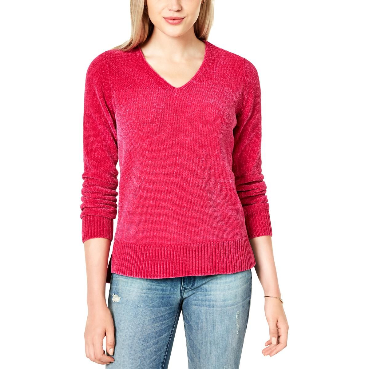 Maison Jules Women's Chenille V Neck Sweater Red Size X-Large