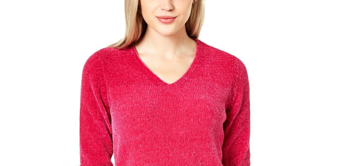 Maison Jules Women's Chenille V Neck Sweater Red Size X-Large