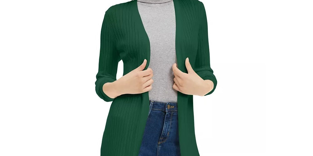 Maison Jules Women's Ribbed Open Cardigan Sweater Green Size Small