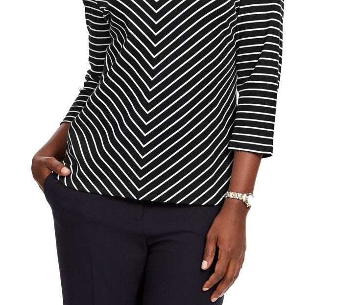 Karen Scott Women's Striped V-Neck Top Black Size Medium