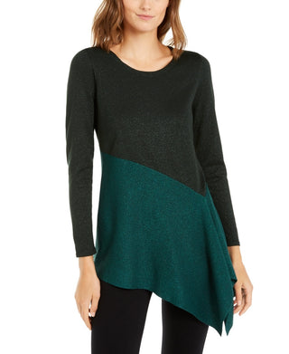 Alfani Women's Asymmetrical Colorblocked Shimmer Top Green Size XX-Large