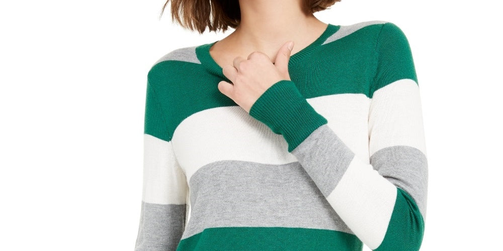 Maison Jules Women's Color Block Long Sleeve Jewel Neck T-Shirt Sweater Green Size Large