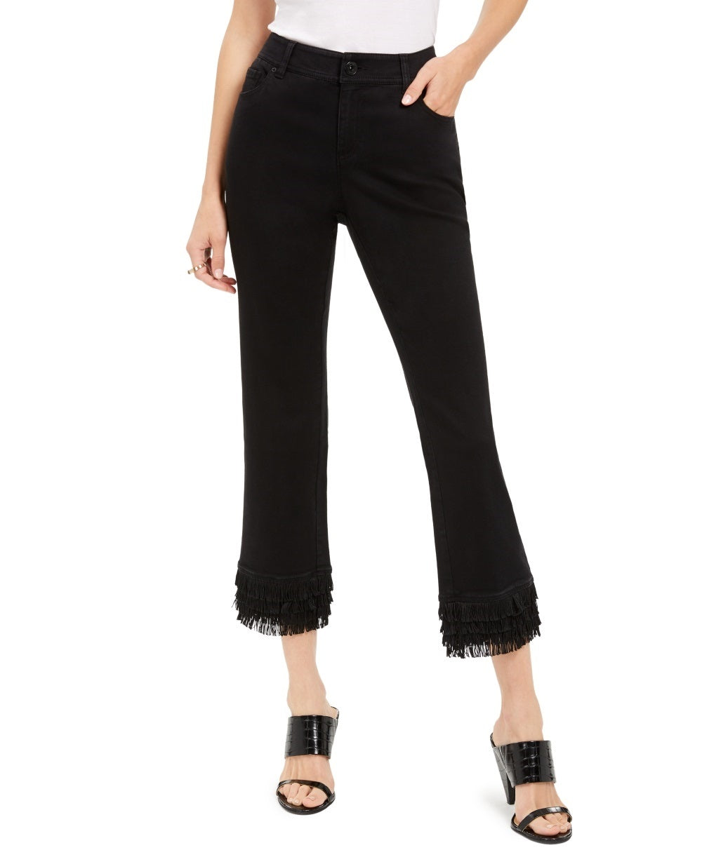 INC International Concepts Women's Fringe-Hem Straight-Leg Ankle Jeans Black Size 12