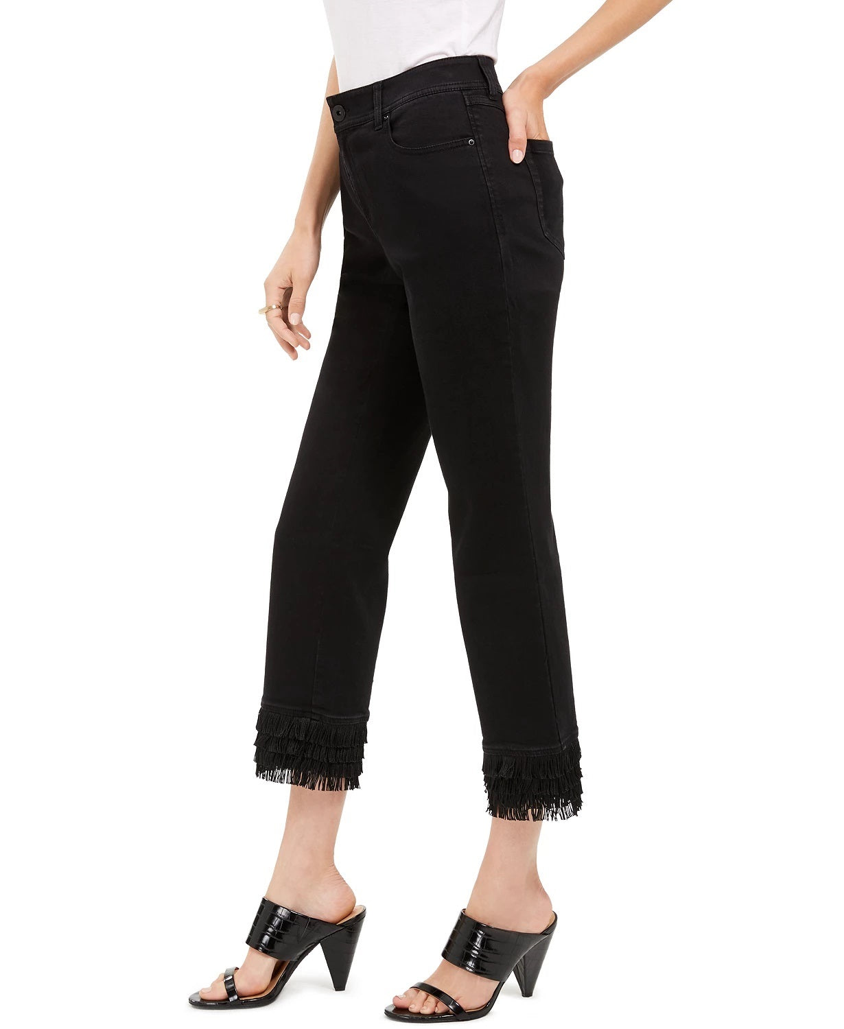 INC International Concepts Women's Fringe-Hem Straight-Leg Ankle Jeans Black Size 12