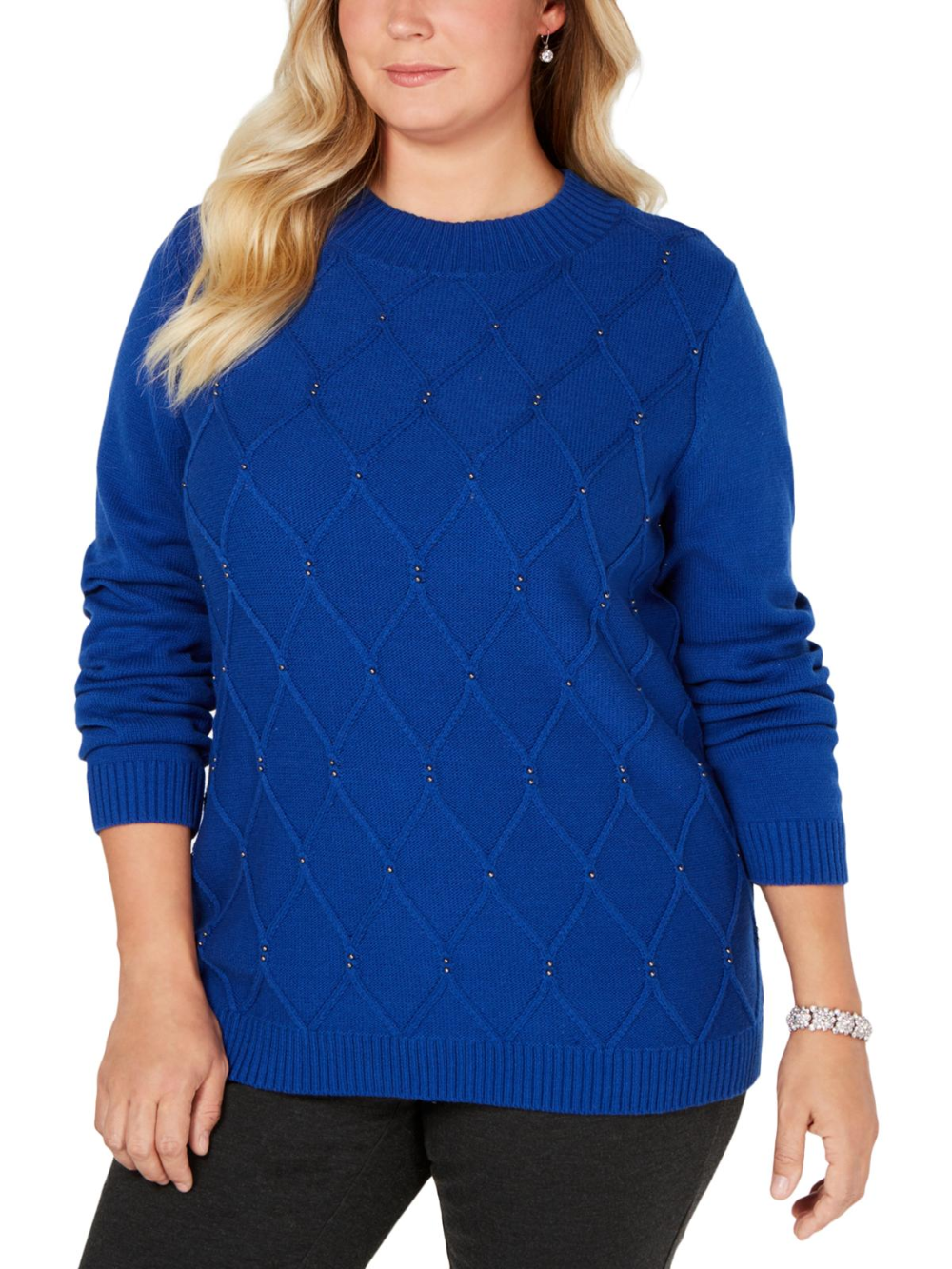 Karen Scott Women's Beaded Cable Mock Neck Sweater Bright Blue Size Extra Large