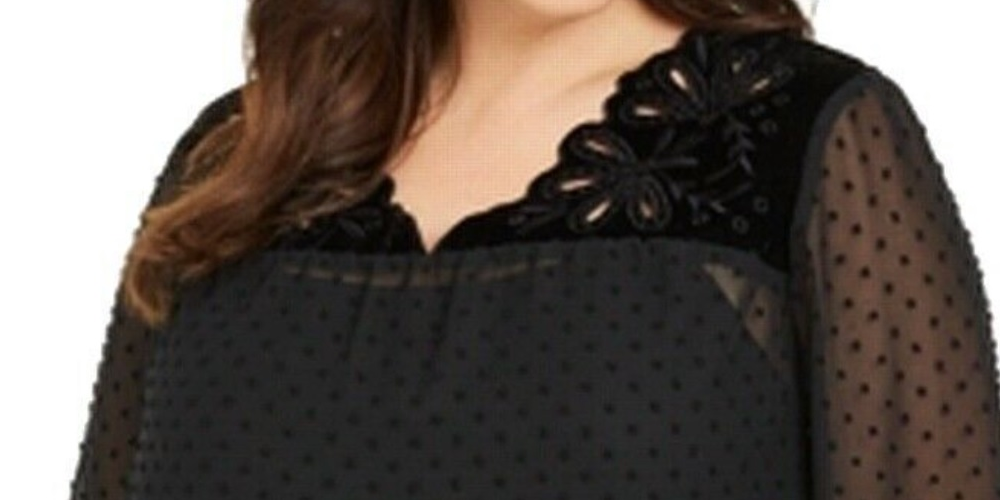 Style & Co Women's Plus Swiss Dot Velvet Yoke Top Black Size 0X