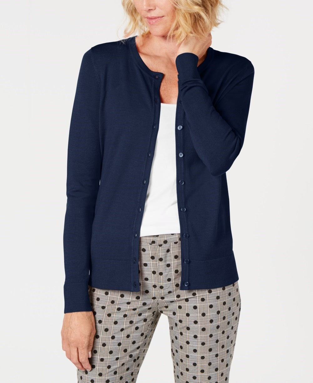 Charter Club Women's Crewneck Cardigan Blue Size Petite Small