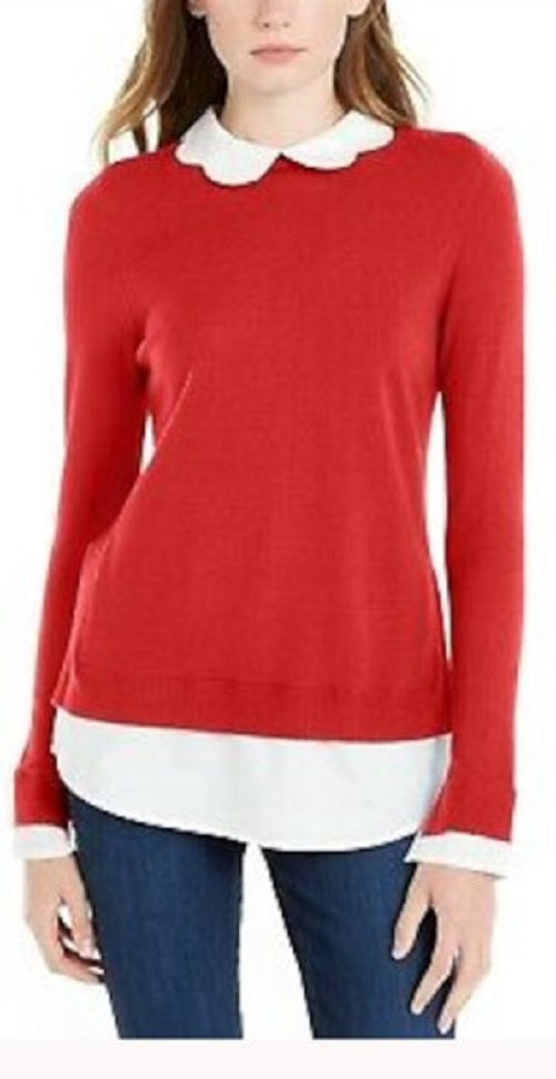 Maison Jules Women's Scalloped-Neck Layered-Look Sweater Bright Red Size Large