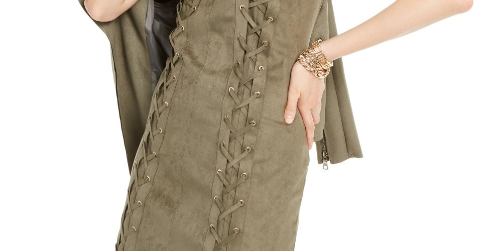 INC International Concepts Women's Lace Up Faux Suede Dress Green Size Large