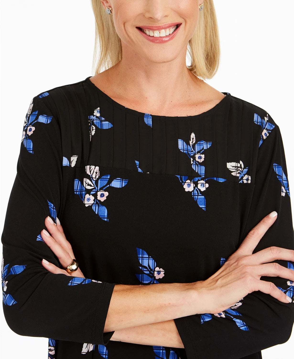 Charter Club Women's Floral Print Pleated Yoke Blouse Black Size Medium