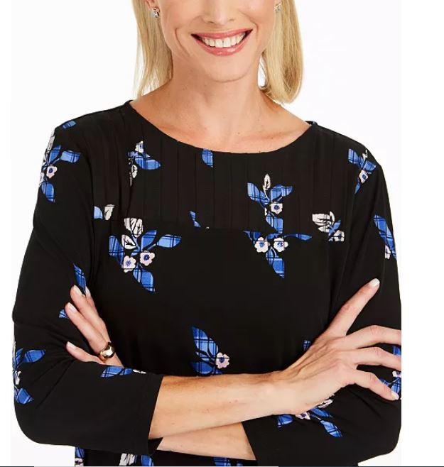 Charter Club Women's Floral Print Pleated Yoke Blouse Black Size XX-Large