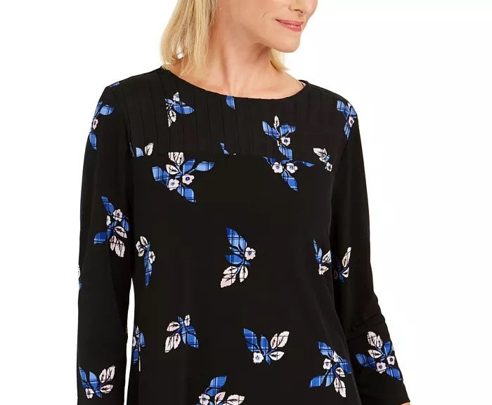 Charter Club Women's Petite Floral Pintucked Top Black Size Medium