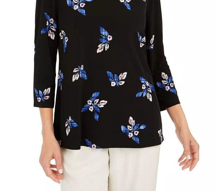 Charter Club Women's Petite Floral Pintucked Top Black Size Medium