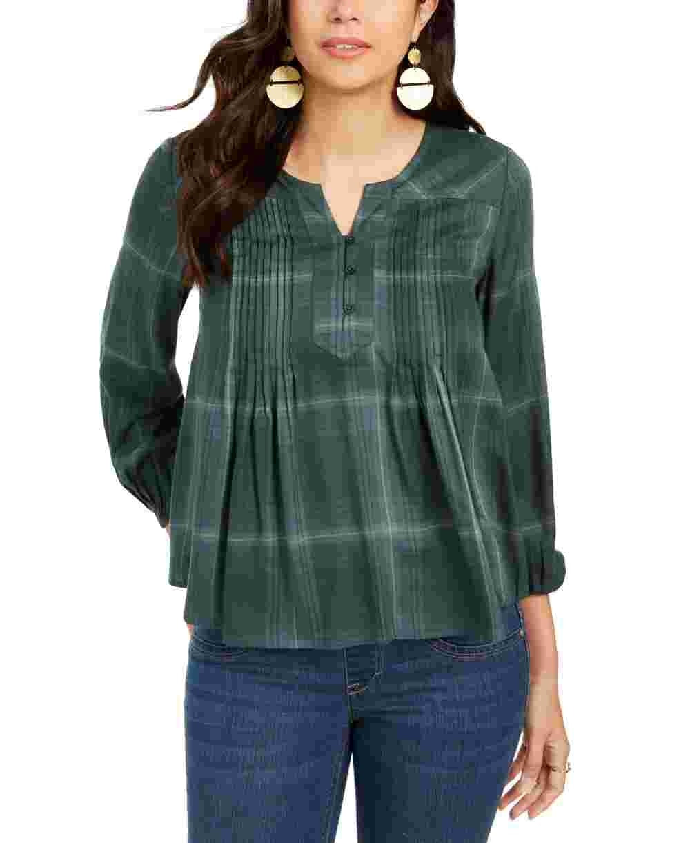 Style & Co Women's Plaid Pleated Top Green Size Petite Medium
