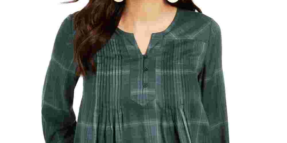 Style & Co Women's Plaid Pleated Top Green Size Petite Medium