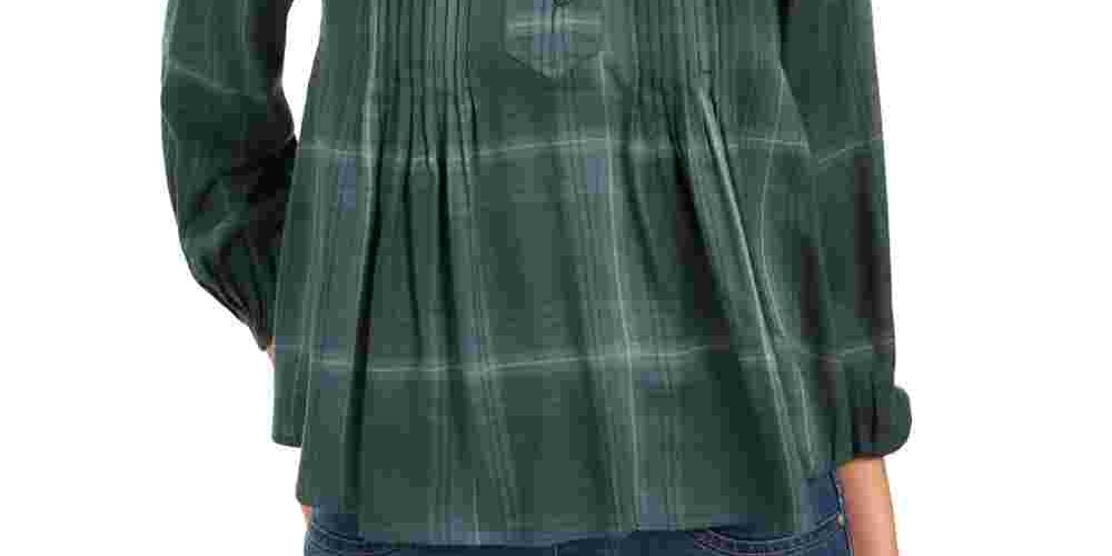 Style & Co Women's Plaid Pleated Top Green Size Petite Medium