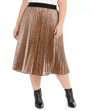 Alfani Women's Plus Size Pleated Metallic Midi Skirt Brown Size 1X