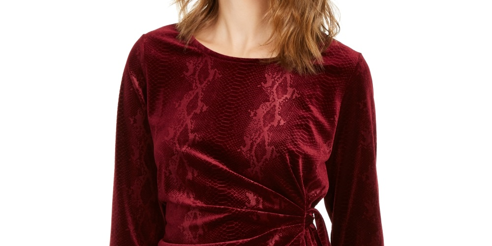 Alfani Women's Snakeskin Print Side Tie Velvet Top  Wine Size XX-Large
