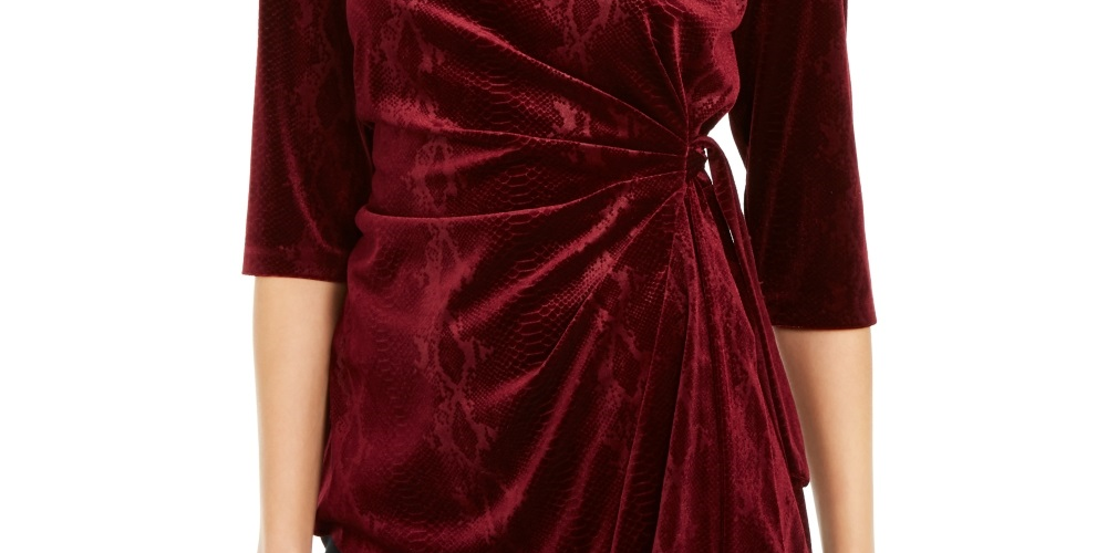 Alfani Women's Snakeskin Print Side Tie Velvet Top  Wine Size XX-Large