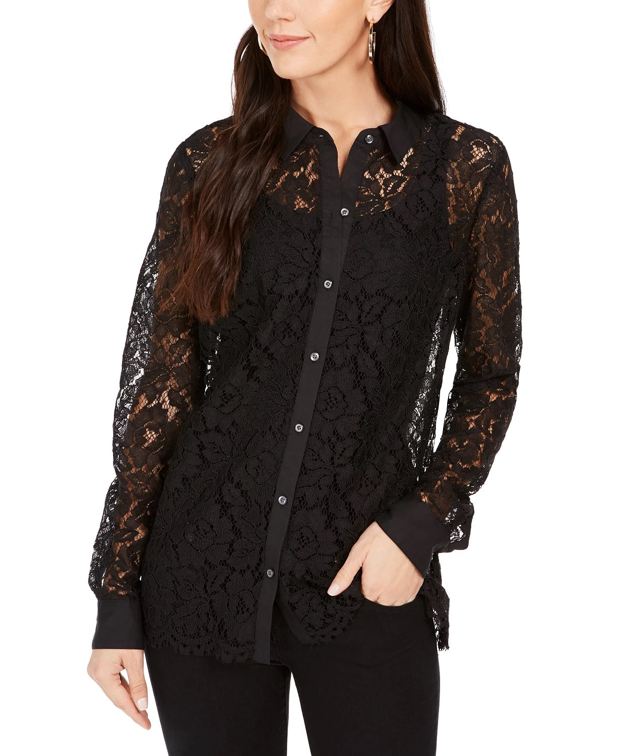 Charter Club Women's Lace Button Down Top Black Size Small