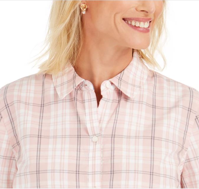 Charter Club Women's Cotton Plaid Shirt Pink Size X-Small