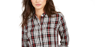 Charter Club Women's Plaid Long Sleeve With Buttons Top Black Size Petite Medium