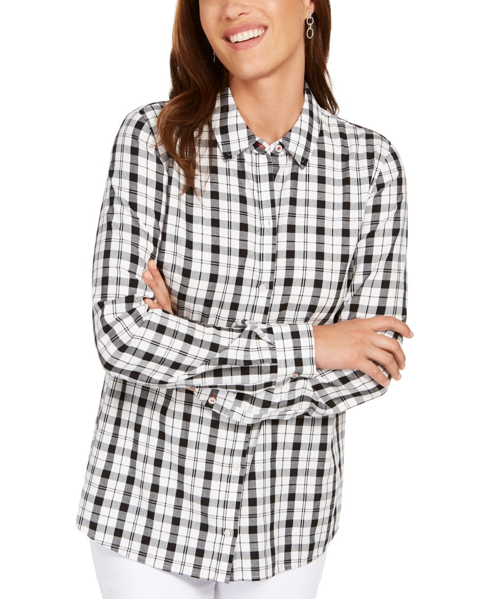 Charter Club Women's Cotton Plaid Shirt White Size X-Large