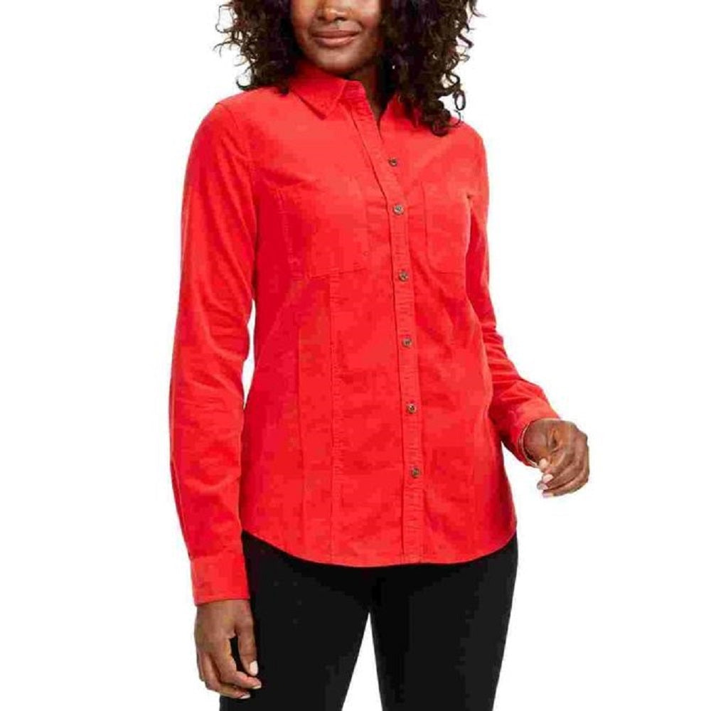 Charter Club Women's Pocketed Solid Cuffed Collared Button Up Wear To Work Top Red Size Petite Small
