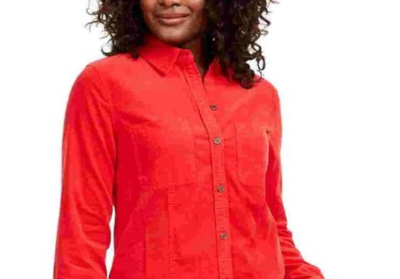 Charter Club Women's Pocketed Solid Cuffed Collared Button Up Wear To Work Top Red Size Petite Small