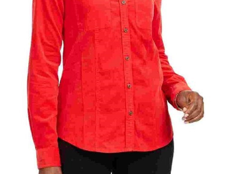 Charter Club Women's Pocketed Solid Cuffed Collared Button Up Wear To Work Top Red Size Petite Small