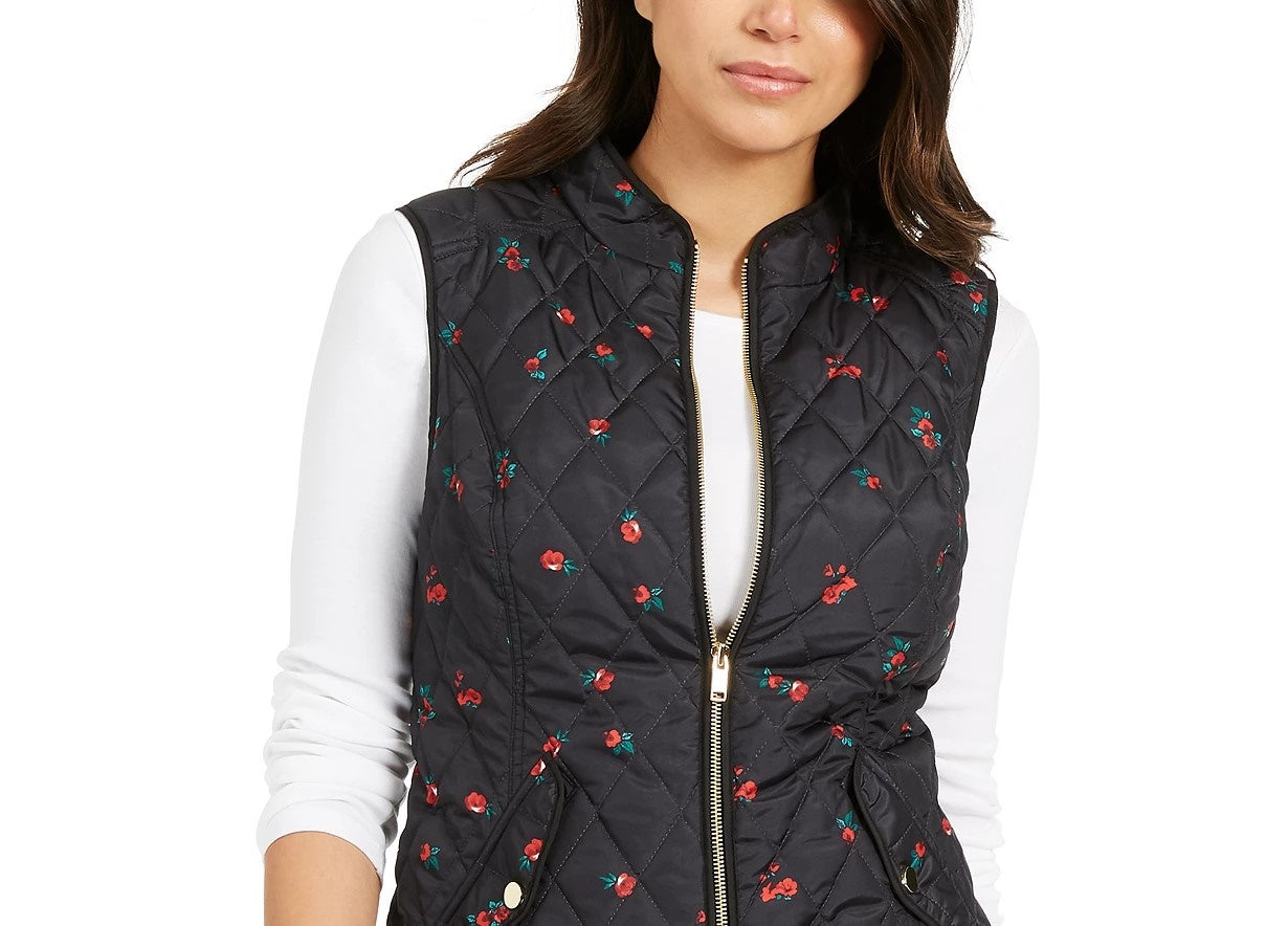 Charter Club Women's Floral-Print Quilted Vest Black Size Extra Small