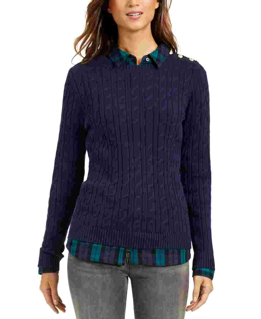 Charter Club Women's Textured Embellished Patterned Long Sleeve Jewel Neck Sweater Blue Size Medium