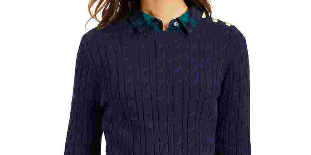 Charter Club Women's Textured Embellished Patterned Long Sleeve Jewel Neck Sweater Blue Size Medium
