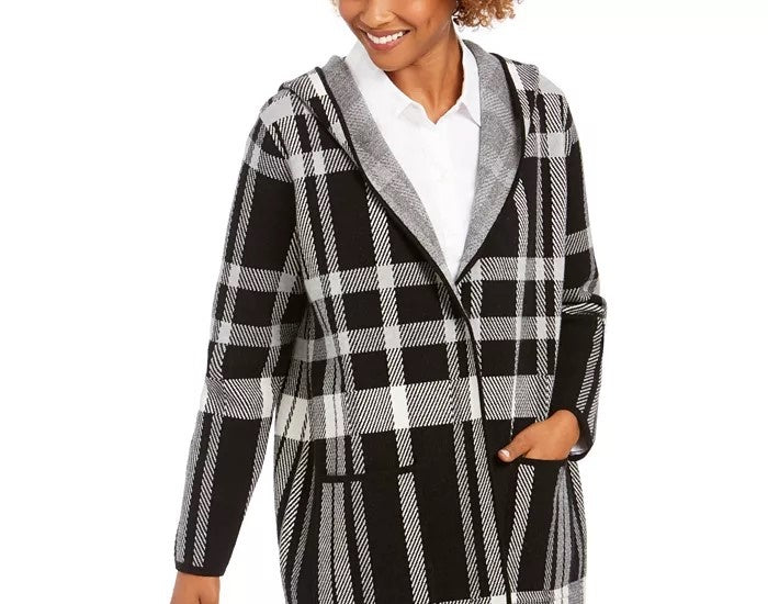 Charter Club Women's Plaid Coatigan Jacket  Black Size Medium