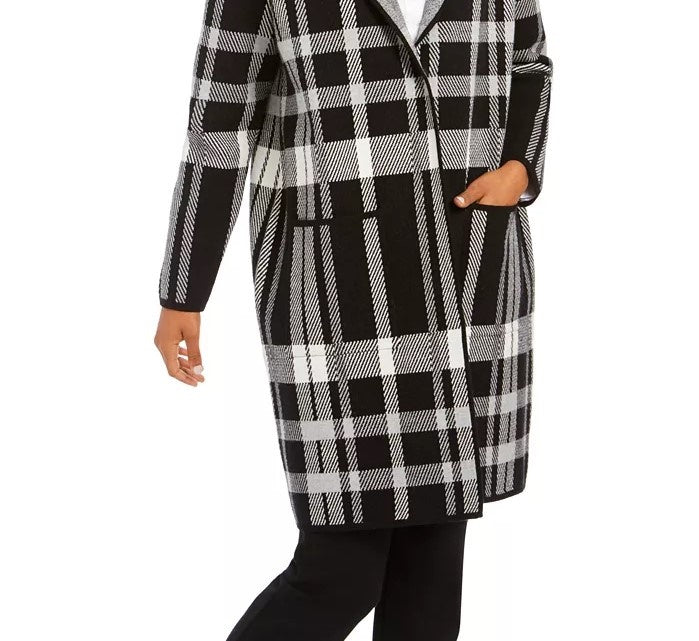 Charter Club Women's Plaid Coatigan Jacket  Black Size Medium