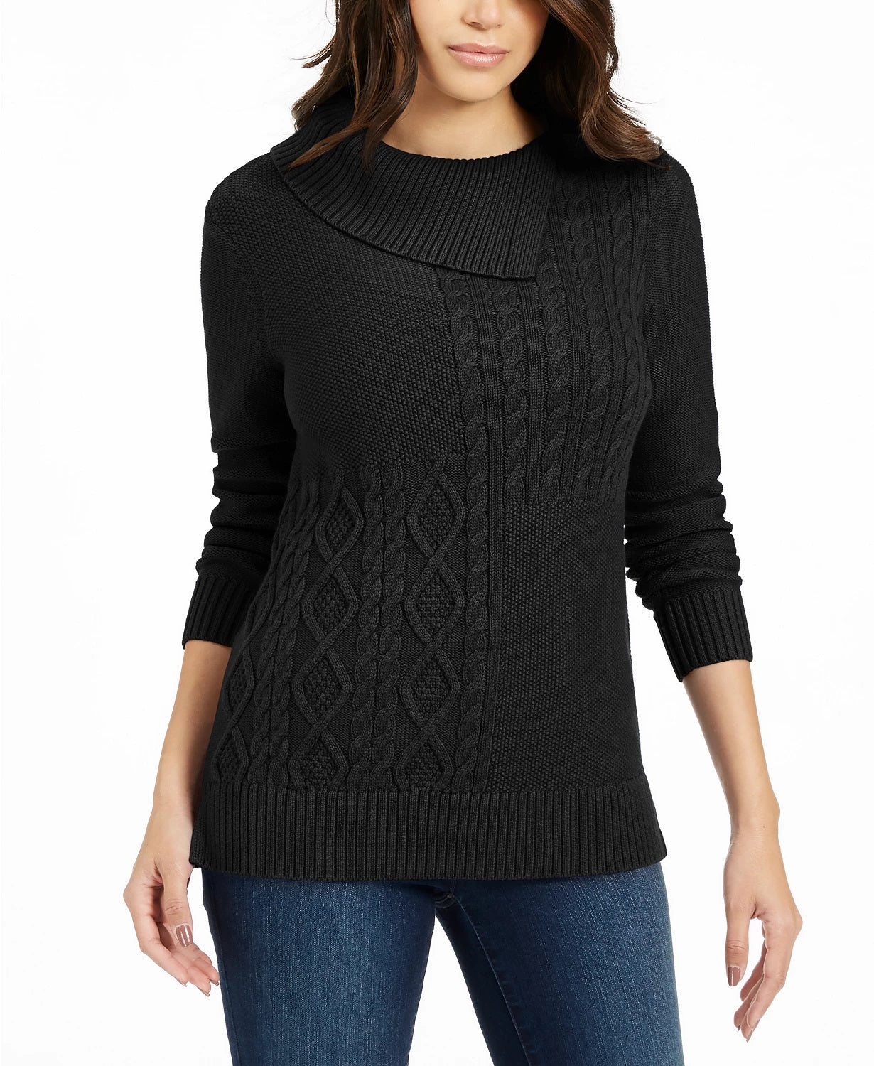Charter Club Women's Patchwork Stitch Asymmetrical Collar Sweater Black Size X-Small