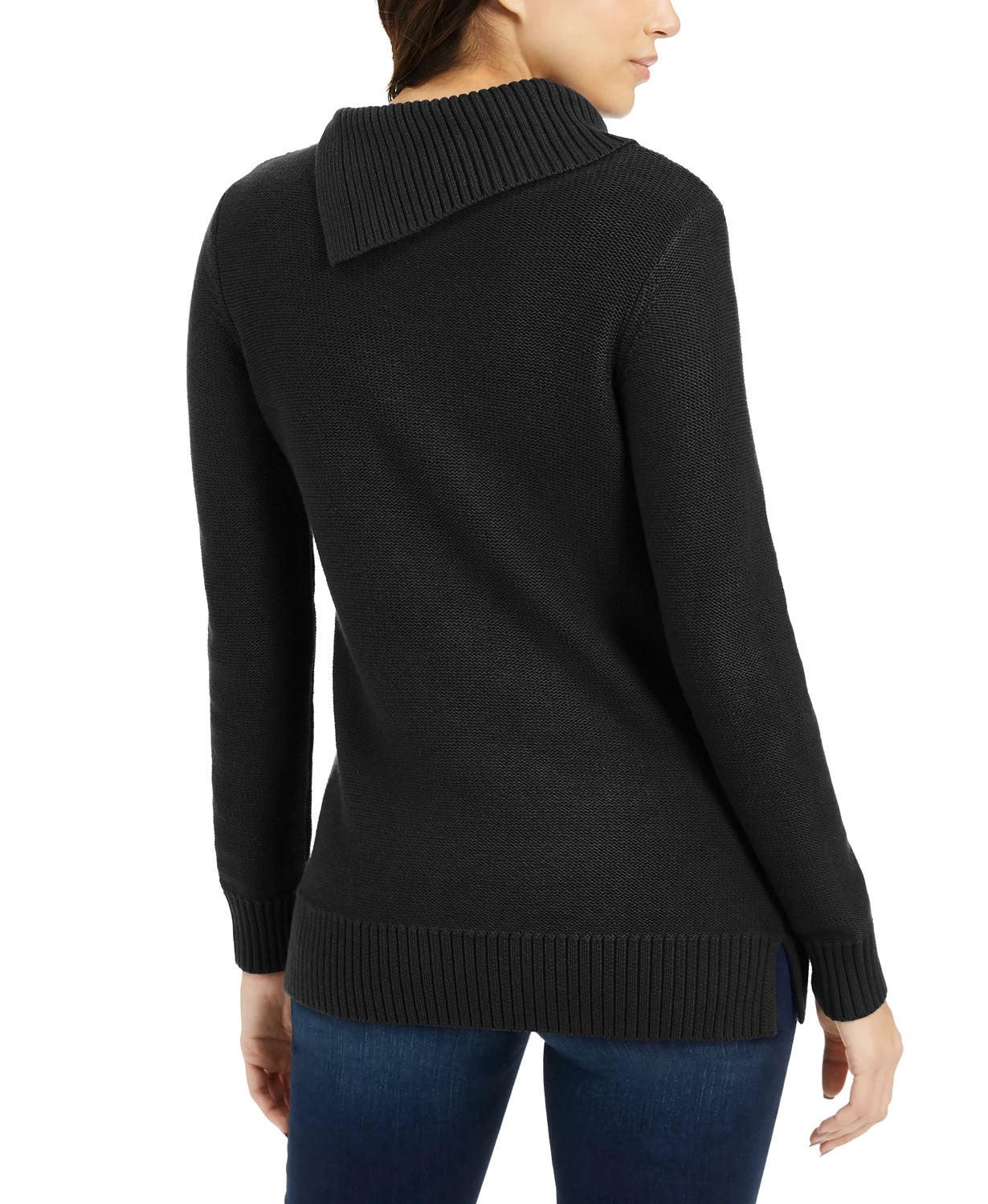 Charter Club Women's Patchwork Stitch Asymmetrical Collar Sweater Black Size X-Small