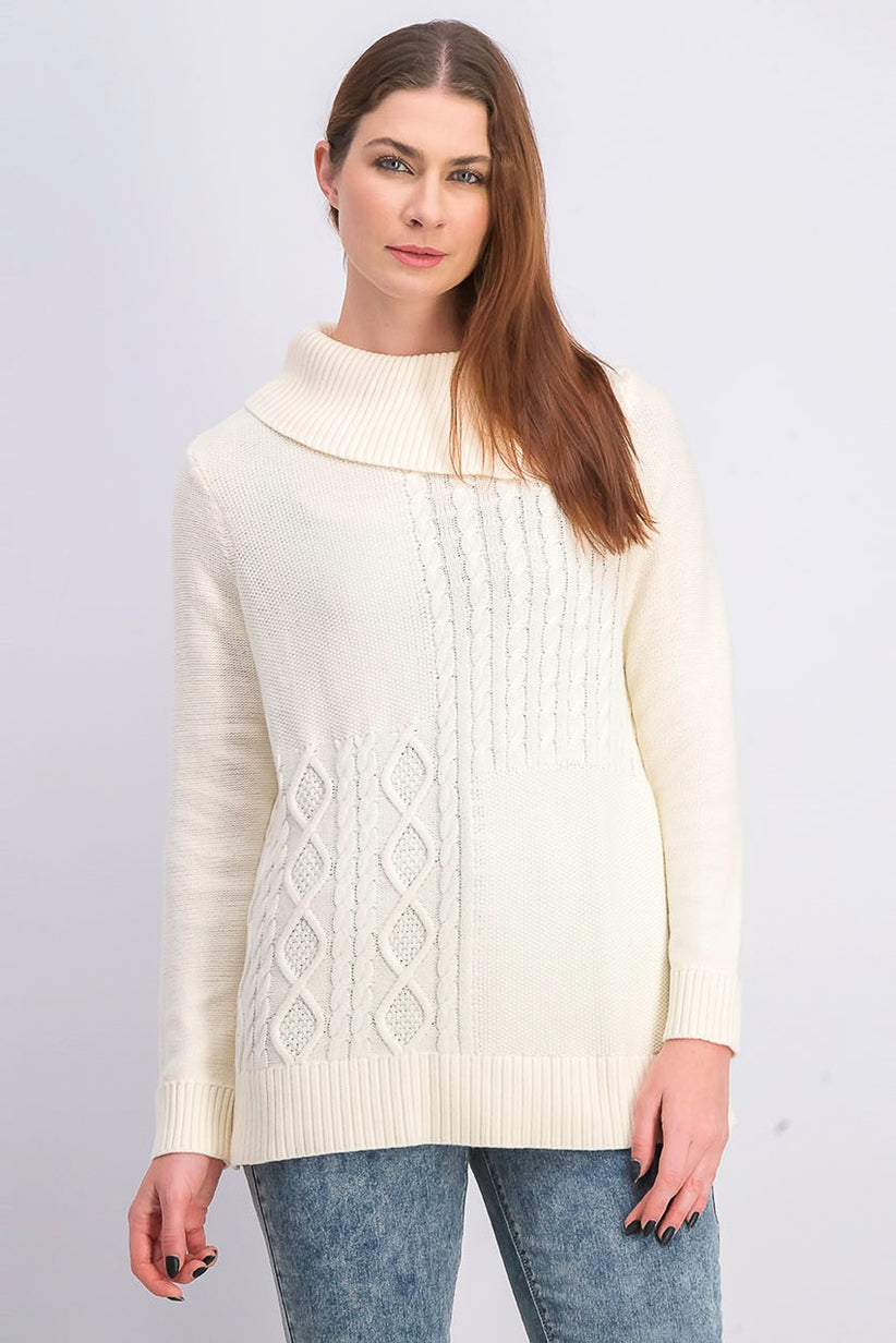 Charter Club Women's Patchwork-Stitch Asymmetrical-Collar Sweater Natural Size Large