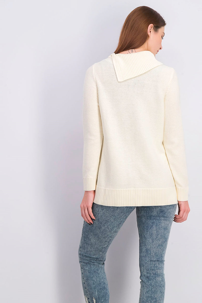 Charter Club Women's Patchwork-Stitch Asymmetrical-Collar Sweater Natural Size Large