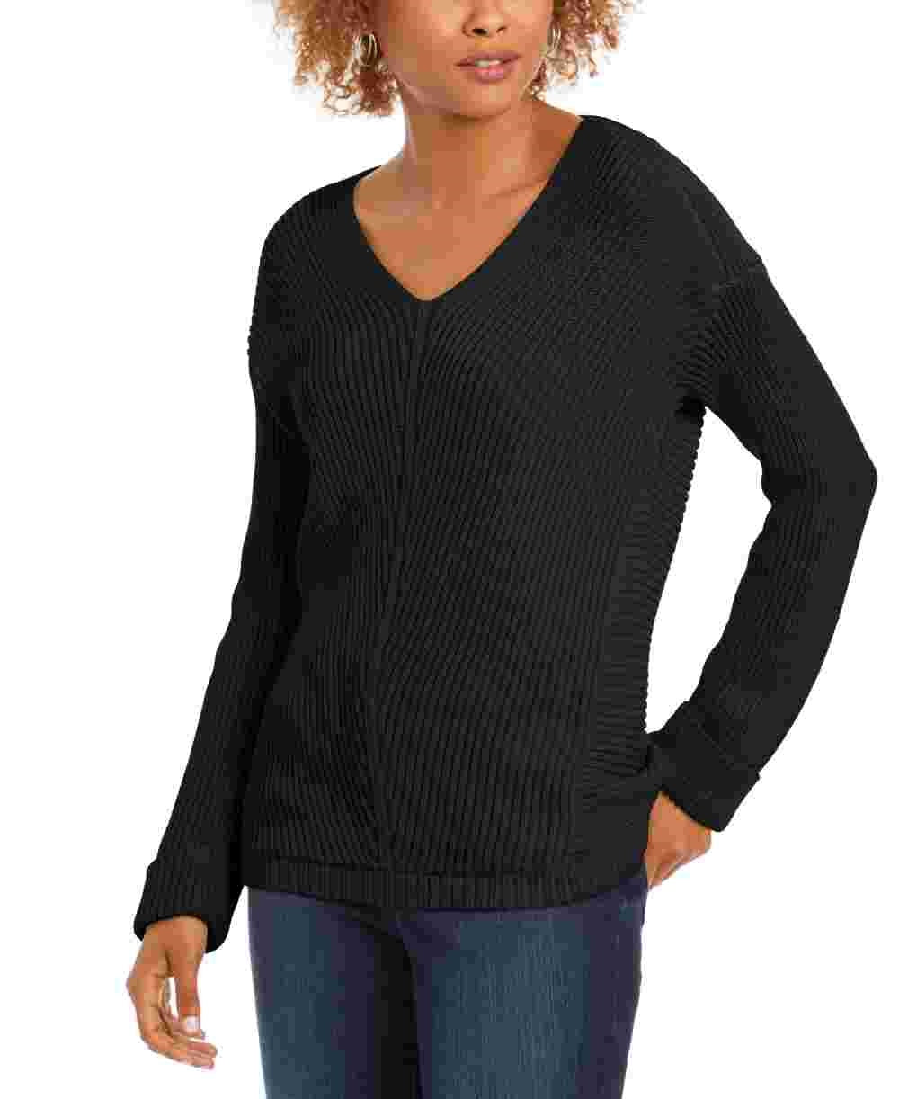 Charter Club Women's Solid Long Sleeve V Neck T-Shirt Top Black Size Petite Small