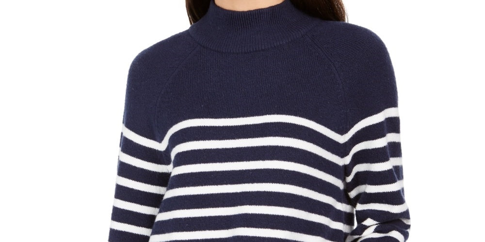 Charter Club Women's Striped Mockneck Sweater  Blue Size Medium