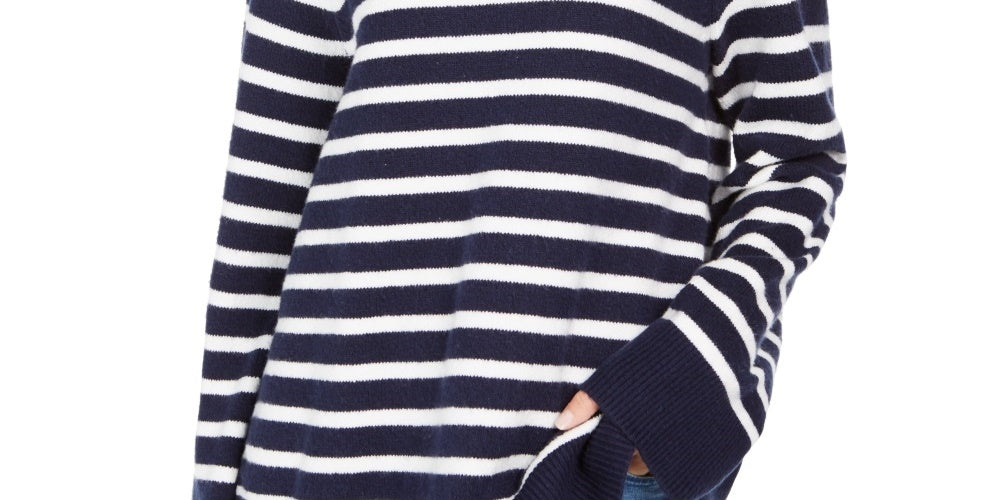 Charter Club Women's Striped Mockneck Sweater  Blue Size Medium