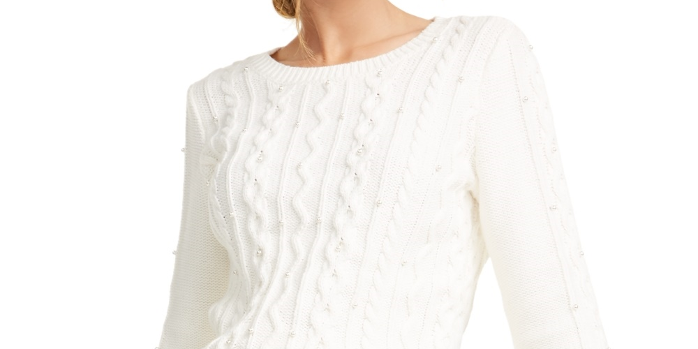 Maison Jules Women's Imitation-Pearl Cable-Knit Sweater White Size X-Large